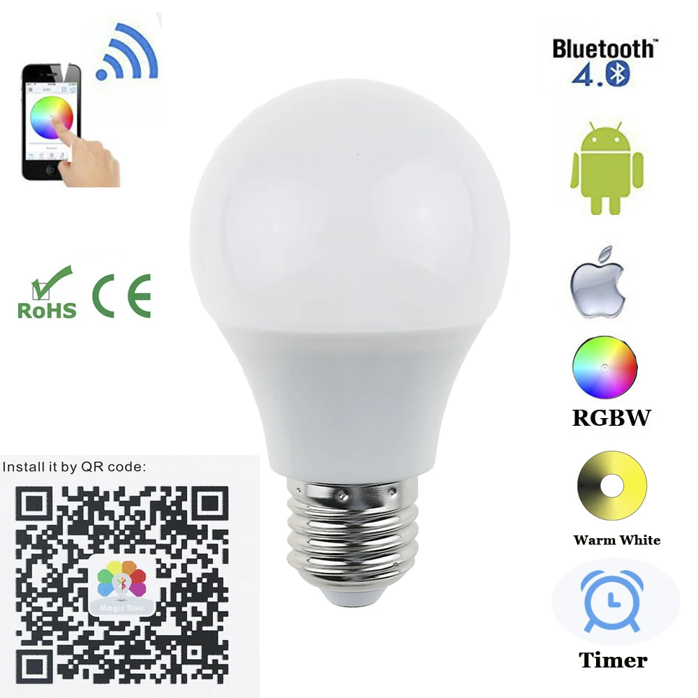 E27 B22 Bluetooth 4.5W  LED Bulb  RGBW Bluetooth 4.0 Smart LED Light Bulb Timer Color changeable by IOS / Android APP for  hotel