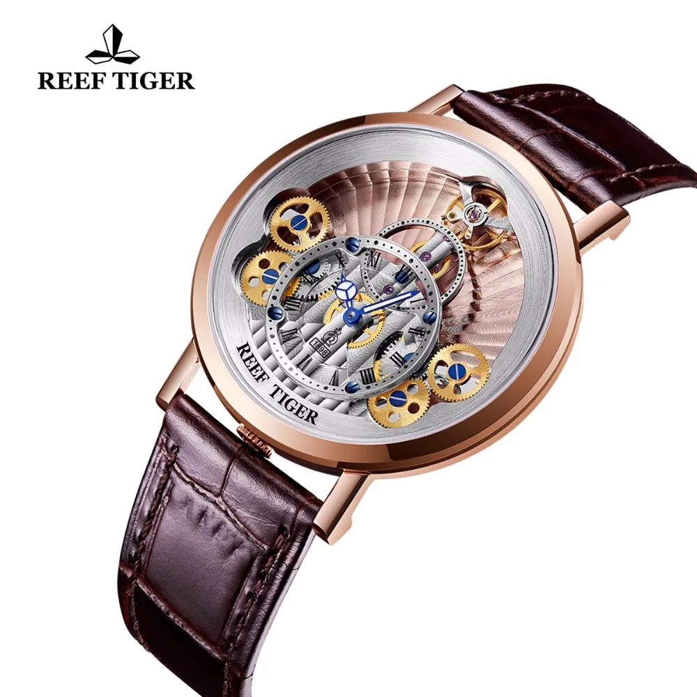 New Reef Tiger/RT Luxury Gear Quartz Watches for Men Genuine Leather Strap Skeleton Watches Relogio Masculino RGA1958