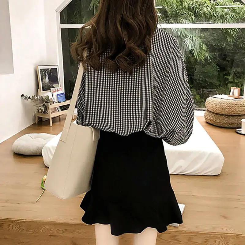 Wanita Blusas Musim Semi Musim Gugur Blus Kantor Wanita Slim Hitam Kemeja Wanita Lentera Lengan Panjang Blus Plus Ukuran Tops Kemeja Kasual