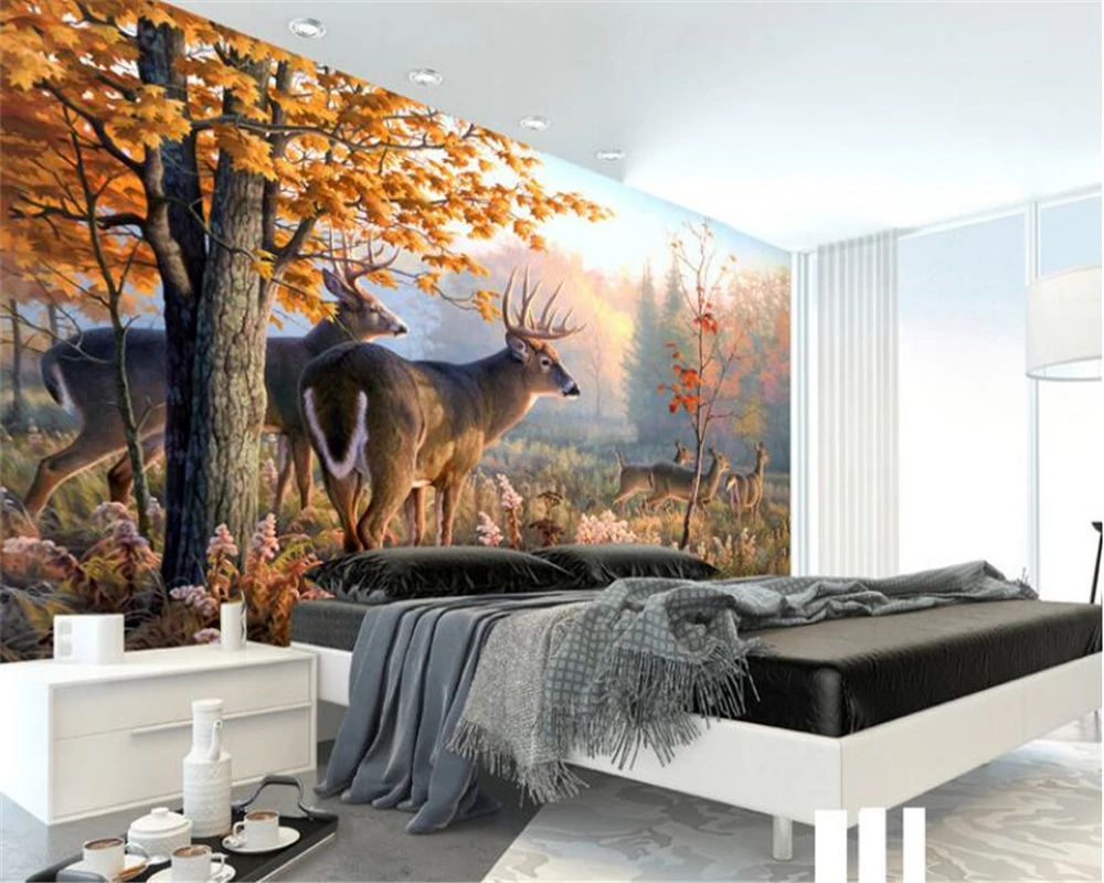 

beibehang Fashion classic modern wallpaper elk forest landscape oil painting suitable for indoor bedroom living room background