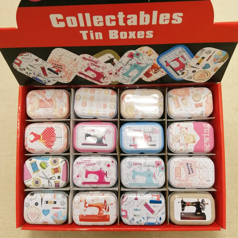 

32pcs/box Sewing machine Print Tin Box Metal Coin Saver Jewerly Case Pill case 16 designs Chocolate Box Iron Gift Storage Case