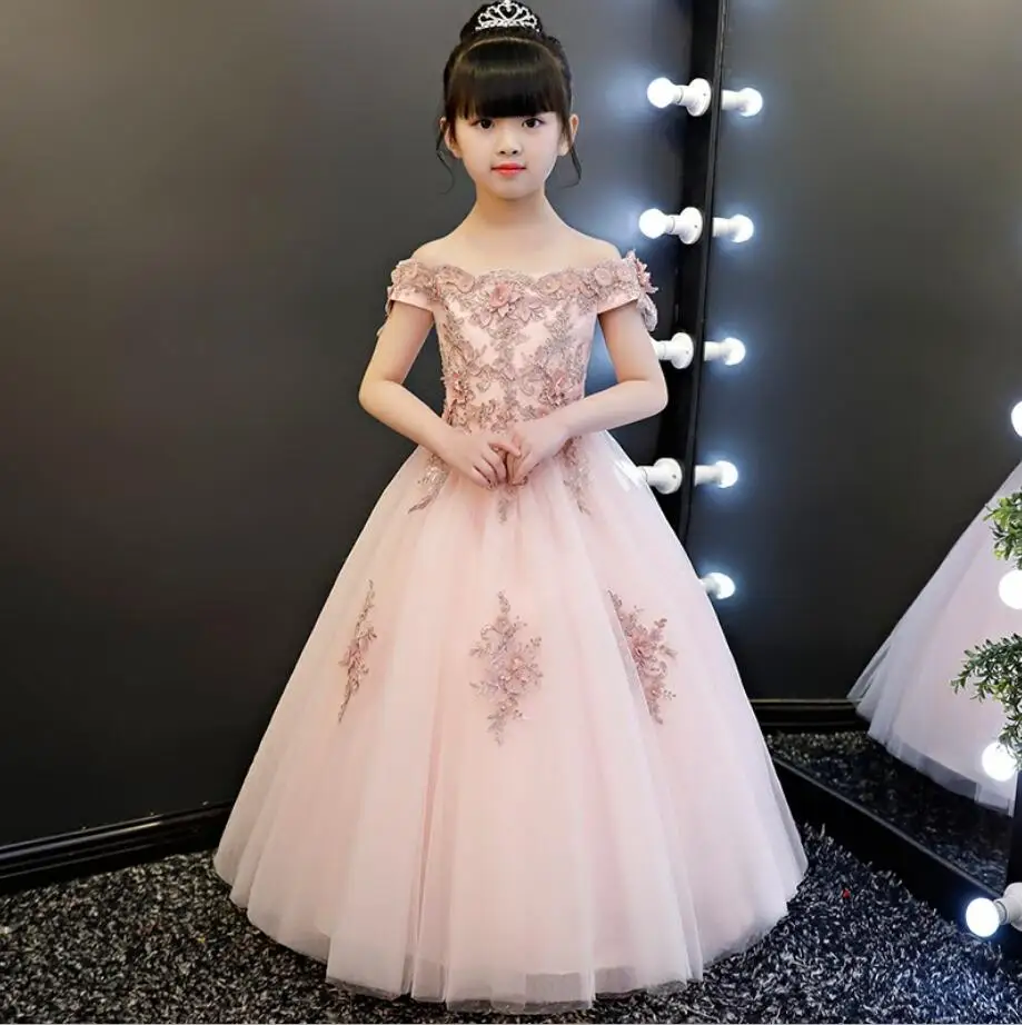 

High Quality Pink Tulle Flower Girl Party Pageant Princess Dress For Little Girls Glitz Shoulderless First Communion Dresses