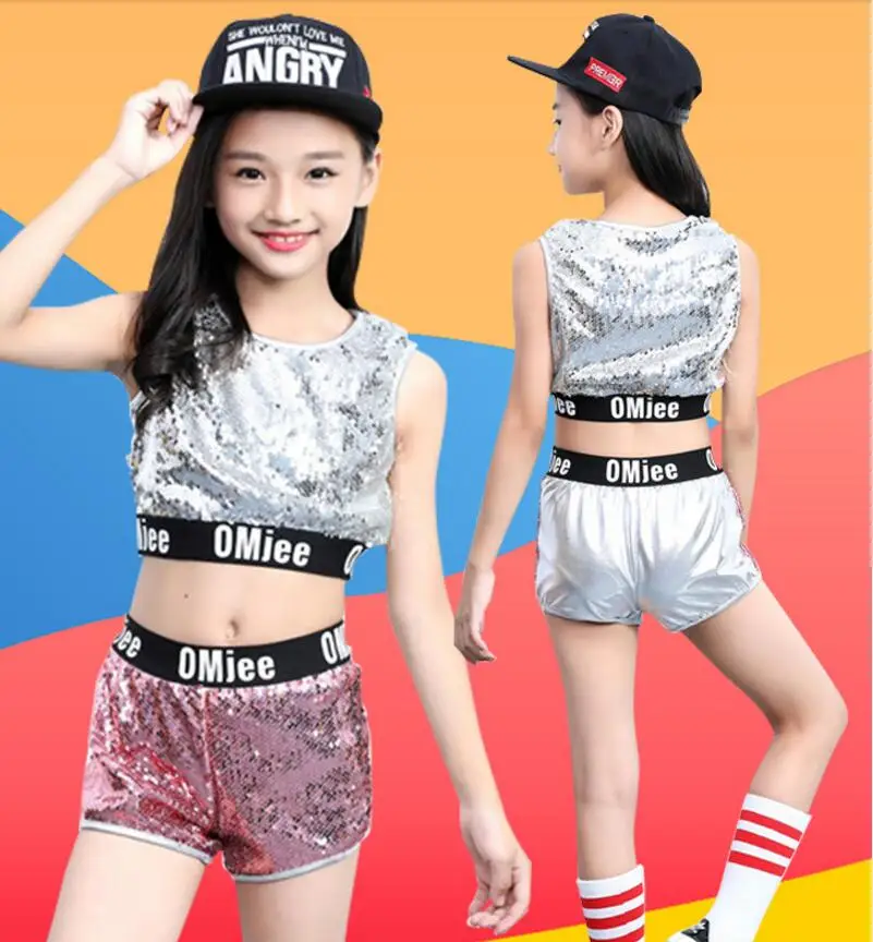 2019 Children Jazz Modern Dance Costume Kids Hip Hop Clothing Streetwear Sequin Hiphop Jacket T-shirt Jazz Dresses For Girls