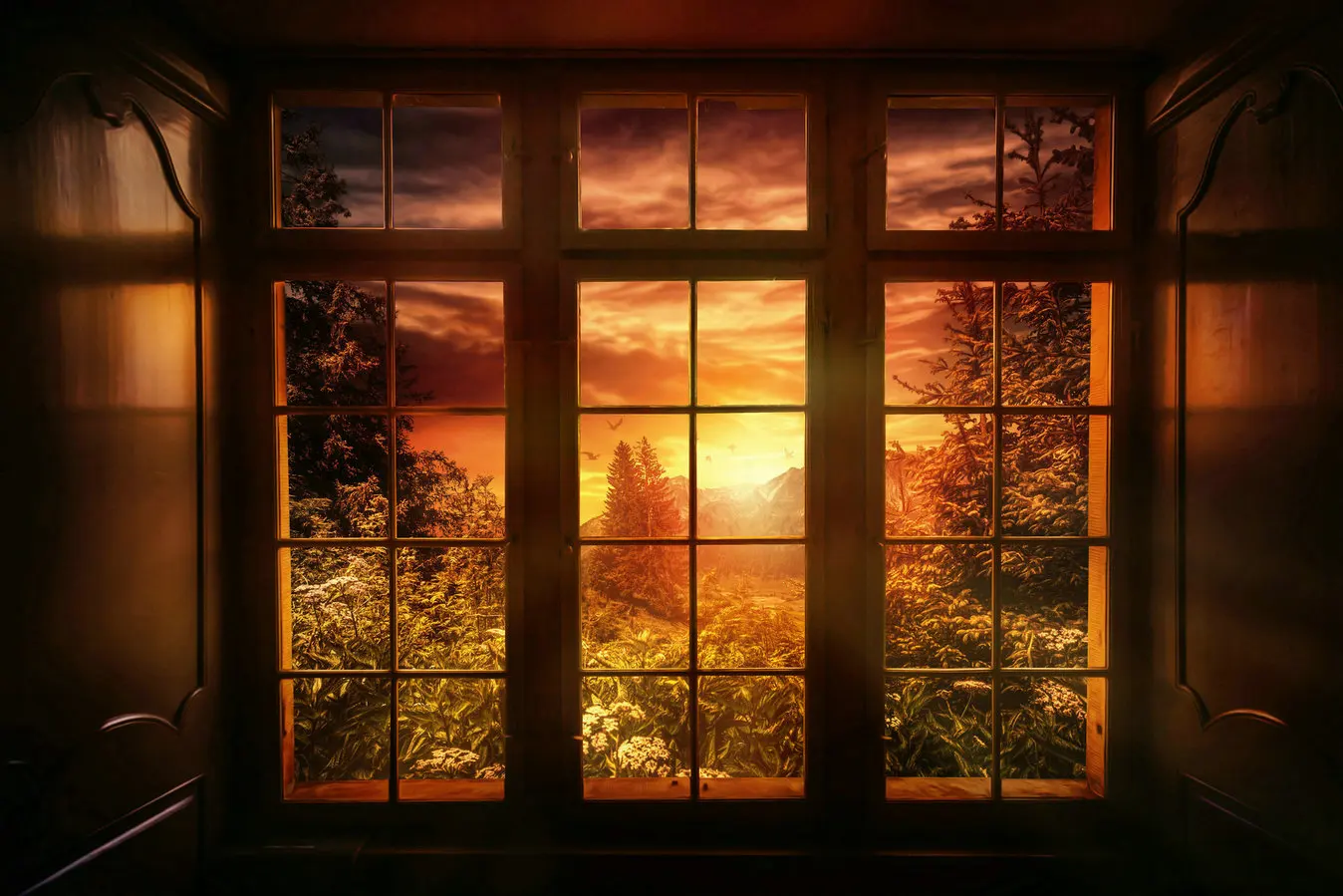 

Wood Window room Mountain Tree Sunset background High quality Computer print christmas photo backdrop