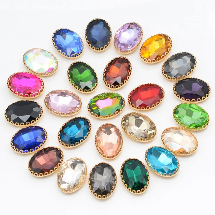 More color 18x25mm Oval glass crystal lace claw rhinestones,golden base sew on stone for Diy/Clothing accessorie