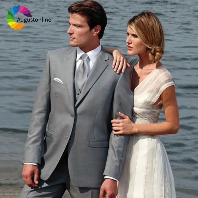 

Beach Party Grey Men Suits Wedding Slim Fit Groom Tuxedos 3Piece Pants Vest Best Man Blazer Jacket Terno Masculino