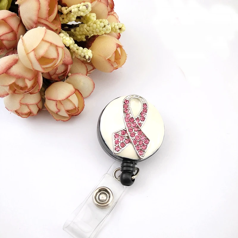 

100pcs/lot Wholesale Fashion Rhinestone enamel breast cancer Pink ribbon Retractable medical id Badge holder Reels For Nurse