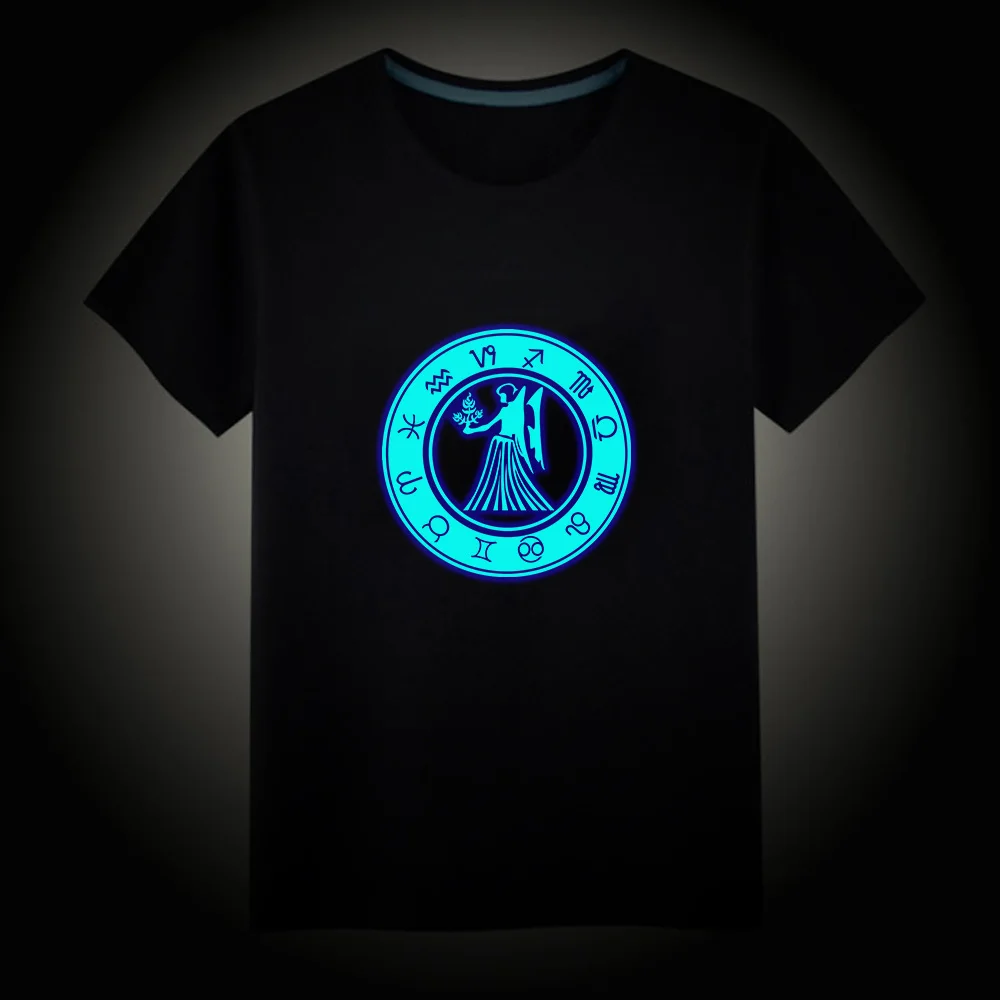 Camiseta luminosa fluorescente de constelaciones Aries Libra Virgo, camisetas Unisex, camisetas de manga corta para hombres, camisetas para niños