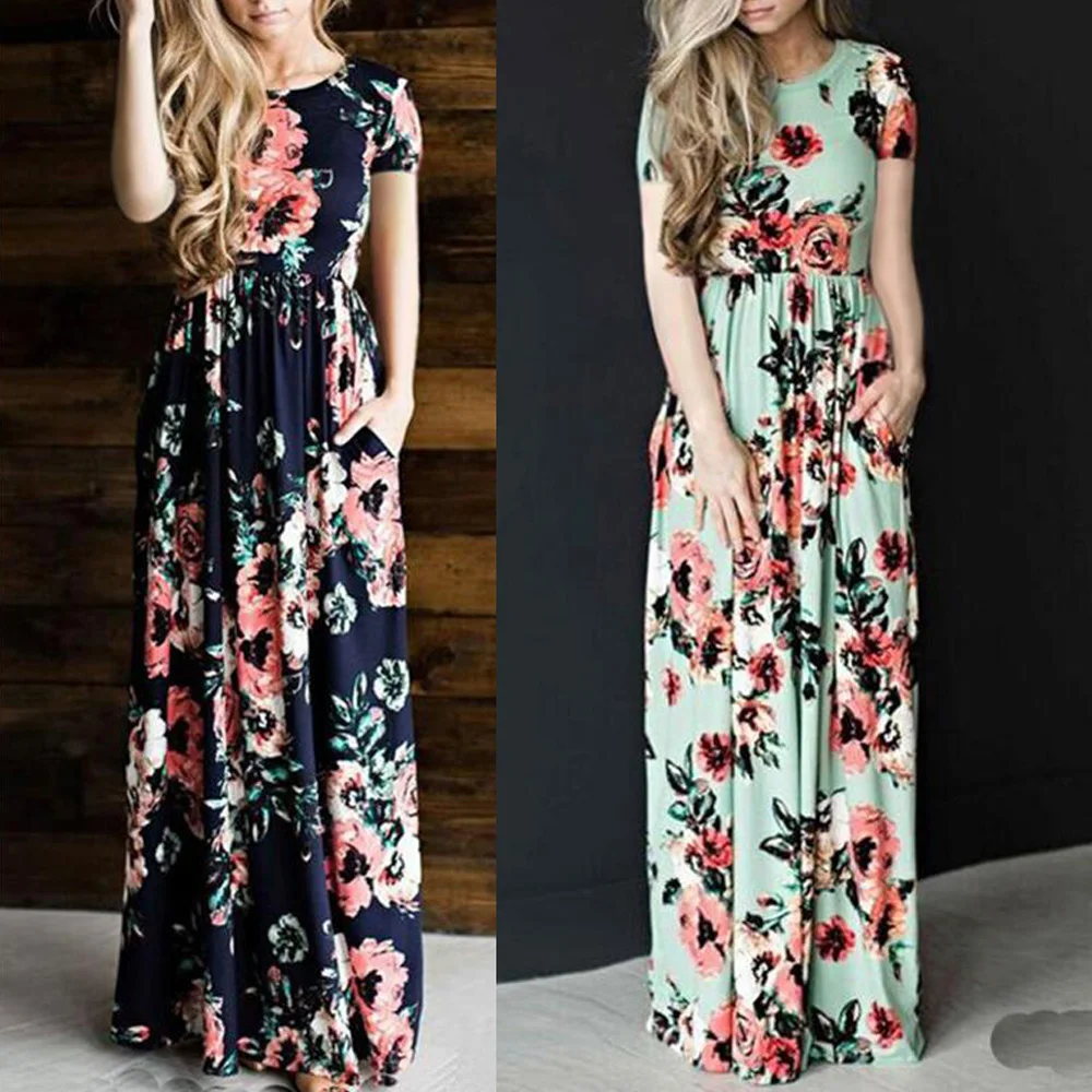 Robe longue à fleurs style Boho pour femmes, Vintage, tenue de plage, Maxi, Kaftan, noir, rose, été, S-2XL