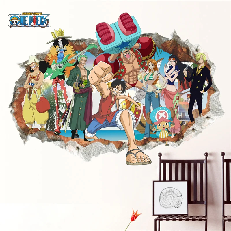 Cartoon One Piece Roles Broken Hole 3d Wall Stickers For Kids Room Home Decoration Anime Mural Art Diy Boys Wall Decals