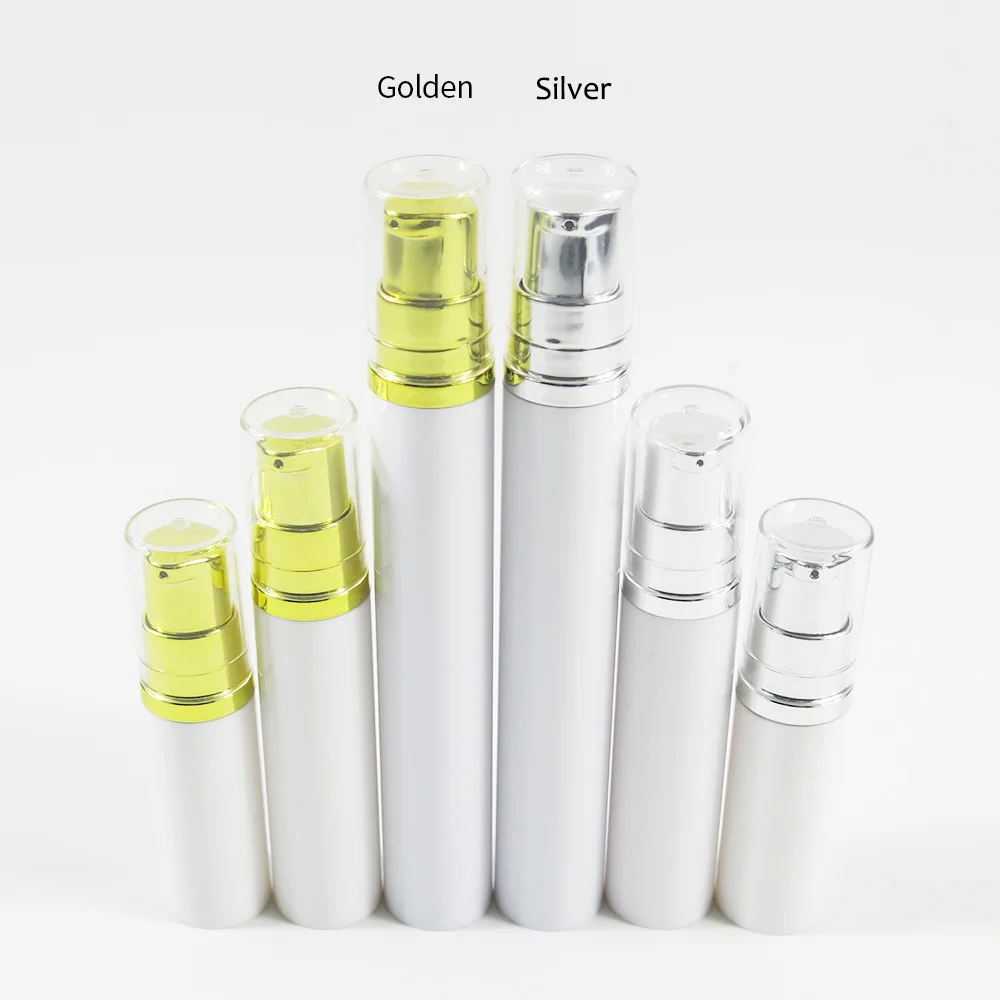 

30 x 5ml 10ml 15ml New Arrival Portable Travelling Refillable Lotion Spray Bottle Sliver Gold Cap Plastic Airless Bottle Vial