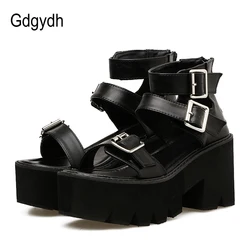 Gdgydh-sandálias plataforma com alça de tornozelo para mulheres, sapatos abertos, saltos altos e grossos, cor preta, sapatos de festa exclusivos, tamanho 35-42