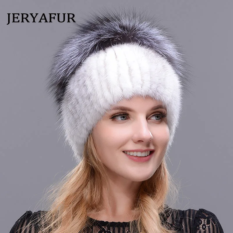 JERYAFUR  New  Style Fur Hat Knitting Wool Fashion Mink And Fox Fur Hat Winter Women\'s Trip Ski Cap Protects Ears