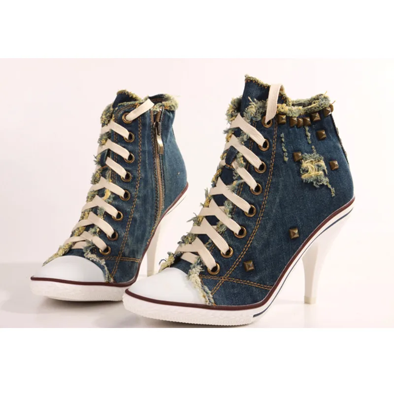 Vintage Dark Blue Women Short Boots Denim Studded Ankle Booties Lace Up High Heels Pumps Ladies Botas Mujer Rivets Zapatiilas