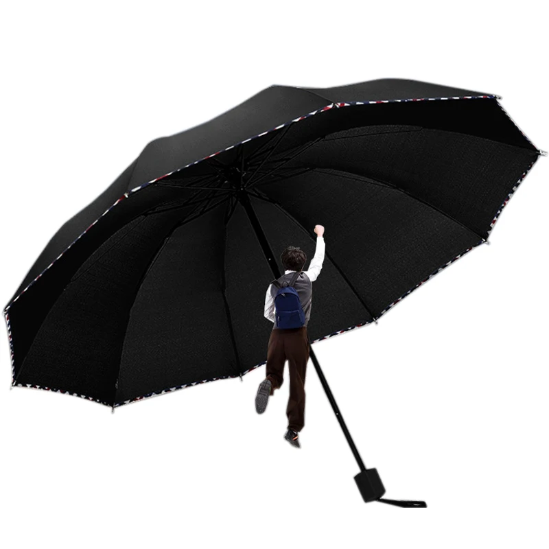 HOT 10K Parasol Wind Resistant Three Folding Umbrella Rain Women Auto Luxury Big Windproof Umbrellas Rain For Men Black Coating