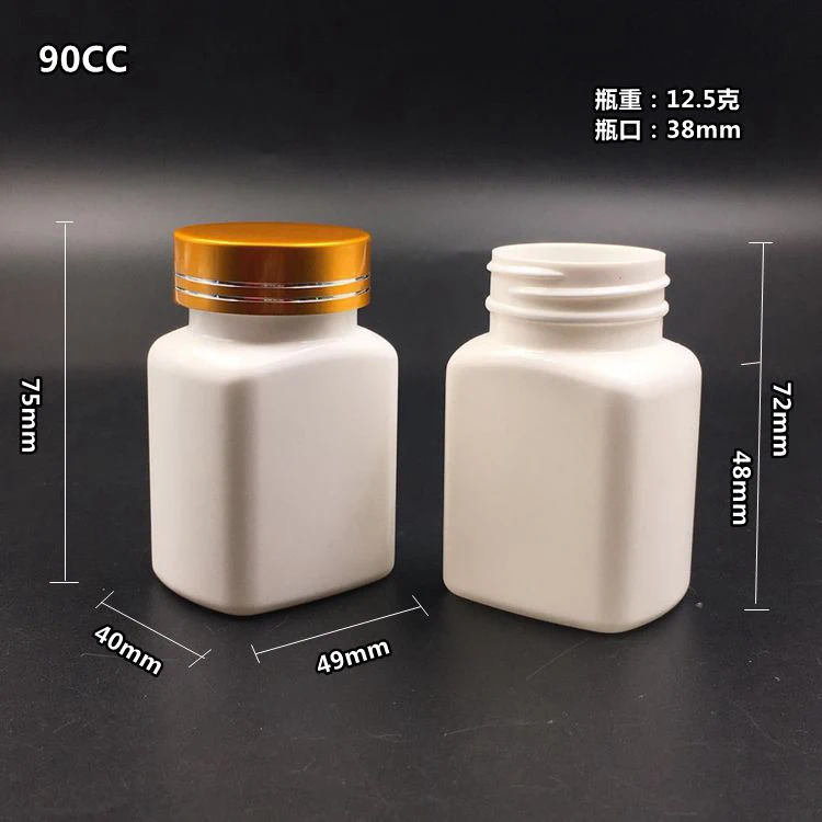 

100pcs 90CC Square Thick White Color HDPE Medicine Bottles, 90ml Capsules/Pills/Powder/Vitamin Plastic Bottles with Metal Caps