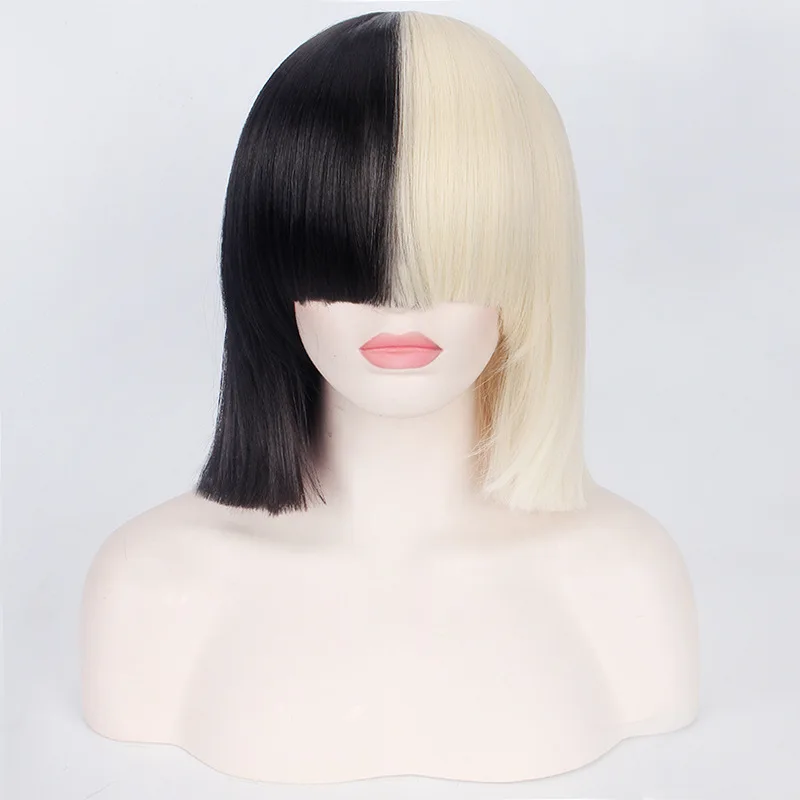 This is Acting SIA Anime Cosplay Wig Synthetic Hair Women Straight Halloween Half Blonde Black Short Bob Wigs With Bangs 35cm