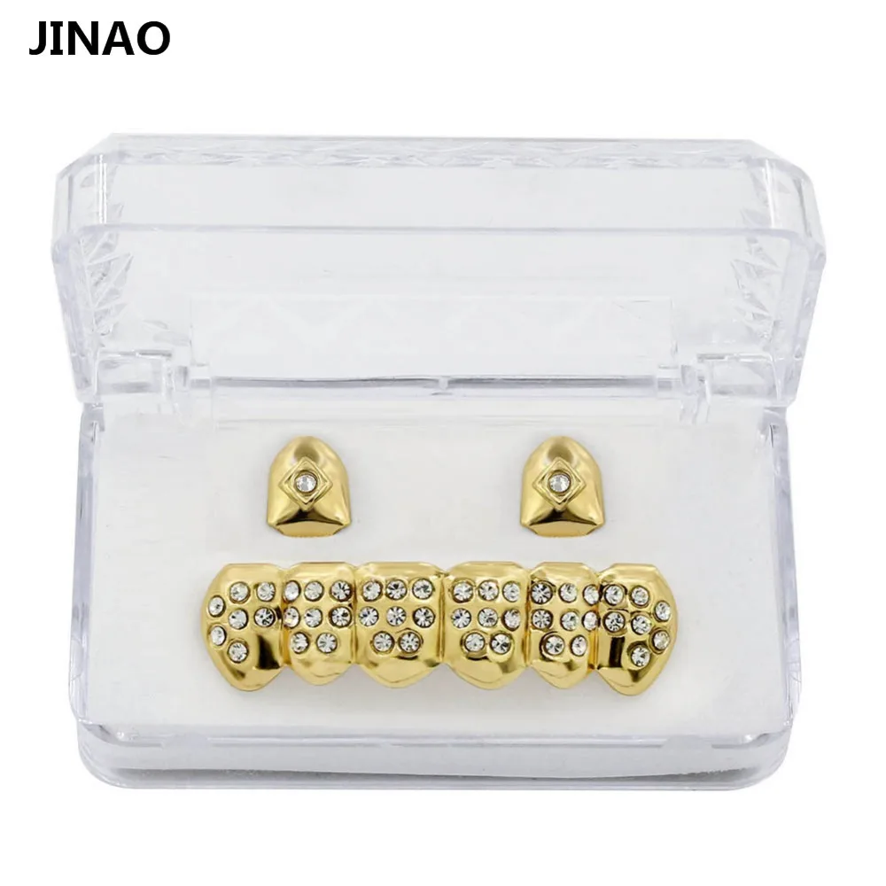 JINAO Men&Women Hip Hop Gold Color Plated Mouth Grillz Set CZ Rhinestone 2pcs Single Top & 6 teeth Bottom set gold grills