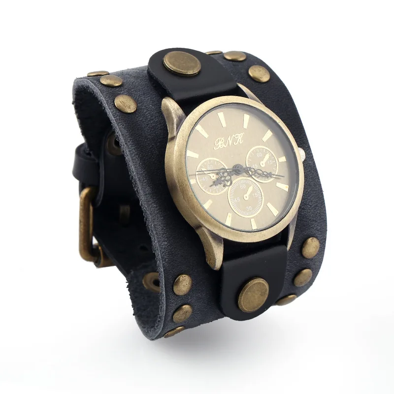 Wristwatch Antique Charms Bracelets For Men Women Genuine Leather Punk Rivet Belt Buckle Big Wide Cuff Bangles Jewelry