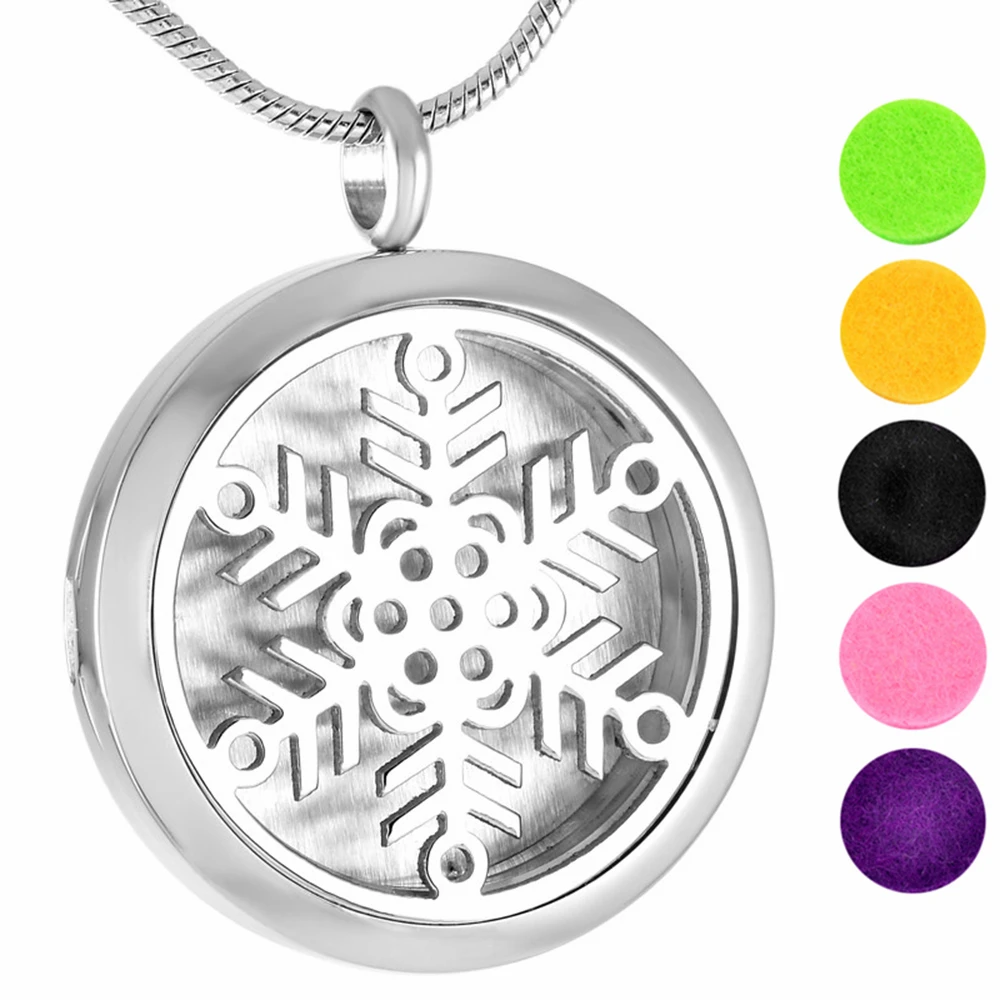 MJP0015 316l Stainless Steel Essential Oil Diffuser Necklace, Perfume Aromatherapy Round Snow Locket With Free Colorful Pads