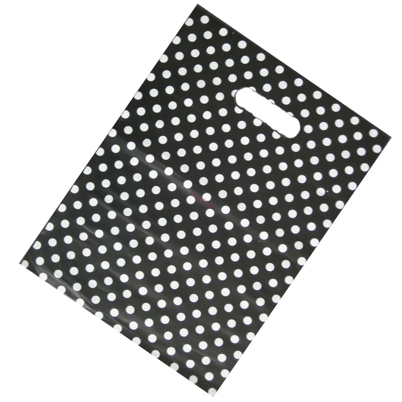 Wholesale 50pcs/lot Round Dots Black Plastic Gift Bag 25x35cm Jewelry Boutique Packaging Bags Plastic Shopping Bags With Handle