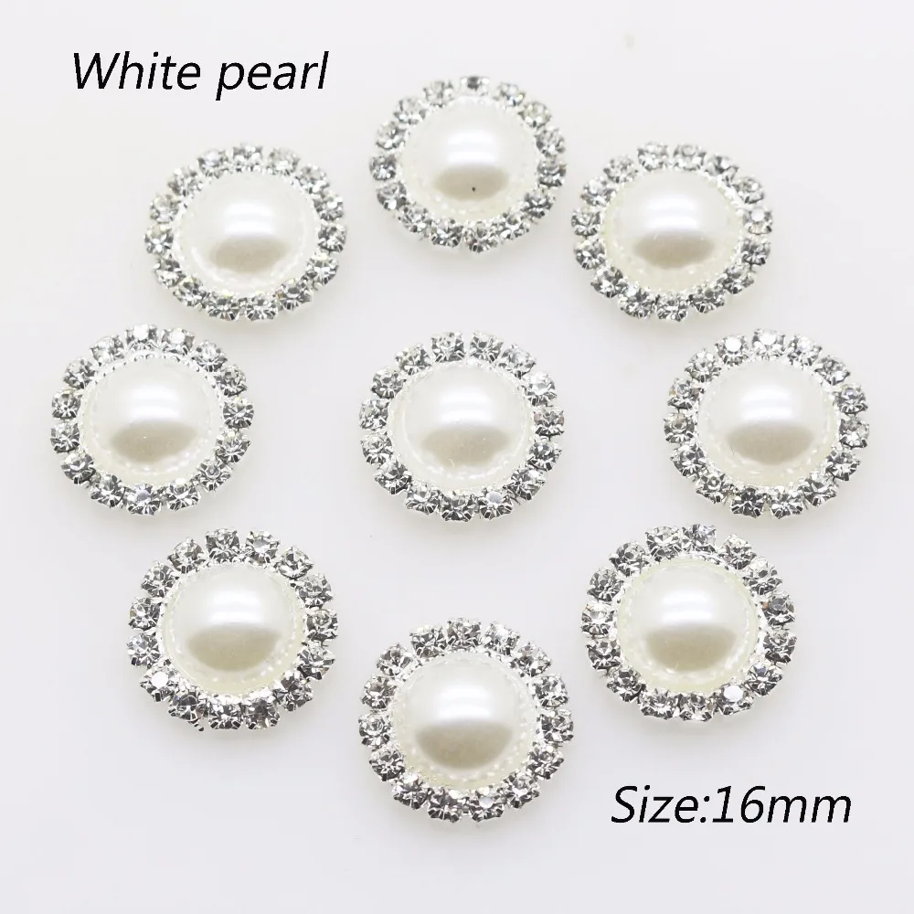 Commercio all\'ingrosso 50 pz/lotto 16mm (bianco/avorio) argento Flatback perla strass bottoni abito da sposa invito decorazione dei capelli