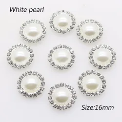 Commercio all'ingrosso 50 pz/lotto 16mm (bianco/avorio) argento Flatback perla strass bottoni abito da sposa invito decorazione dei capelli