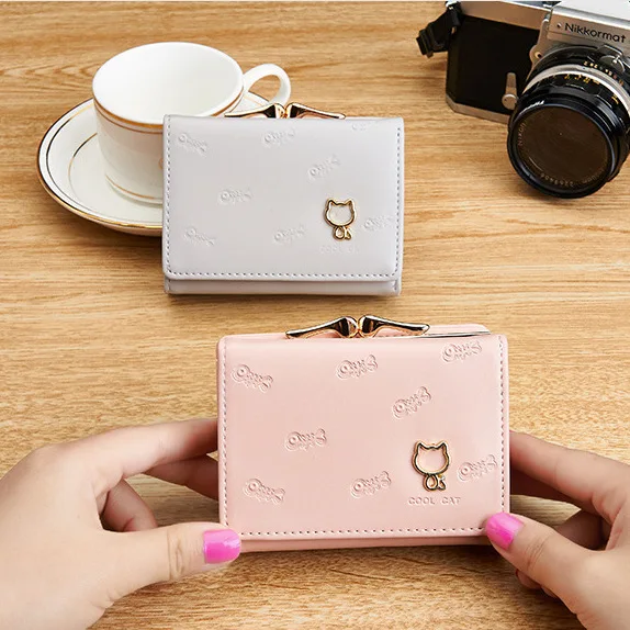 Lady Clutch Wallet Short Cat & Fish Design Money Purse Bag Female Small Fresh Wallets PU Leather Students Coin Pocket Bag