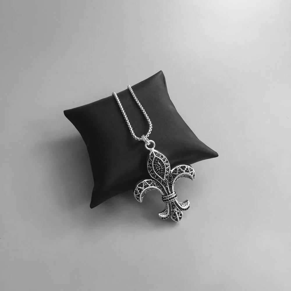Pendant Fleur-de-lis Lily CZ Black Zirconia 925 Sterling Silver Fine Jewelry Fit Necklace Vintage Badge Gift For Men Woman