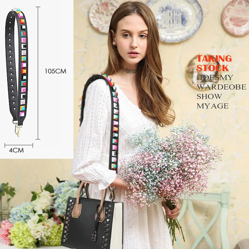 

New style fashion punk colorful rivets casual pu leather ladies handbag shoulder strap belt bag accessories