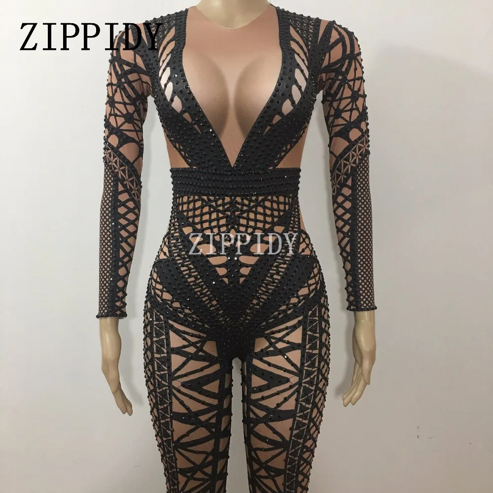 

Black Or White Bandage Pattern Sexy Jumpsuit Sparkly Rhinestones Prom Birthday Female Singer Show Stage Wear Women Dance Clothes