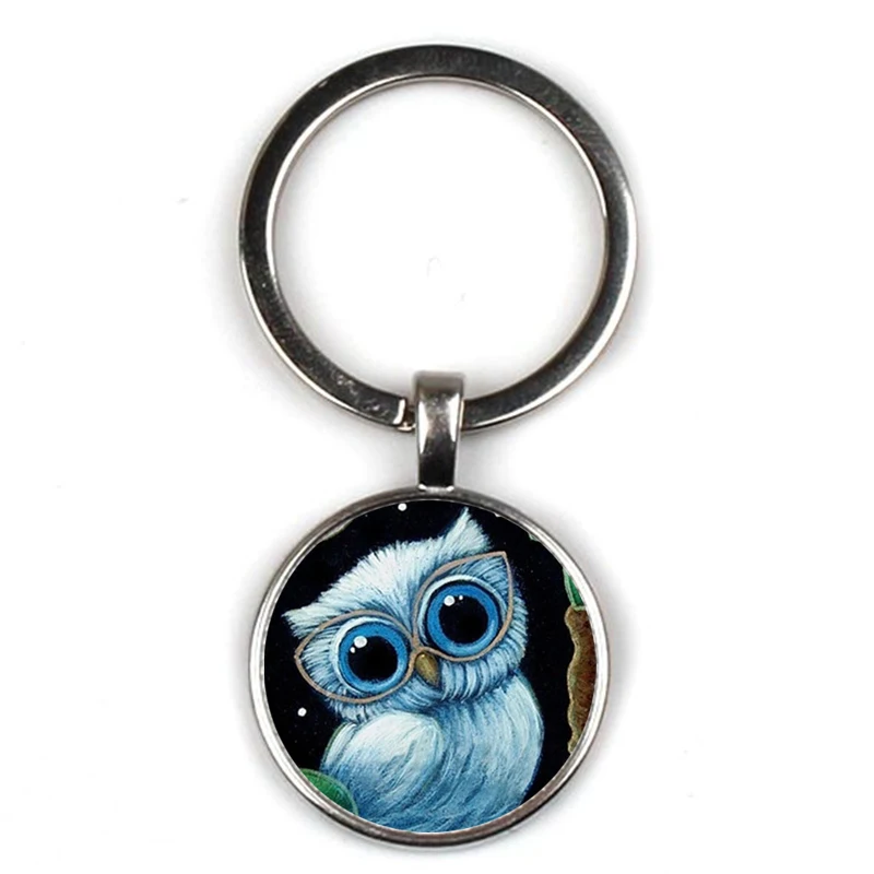 Fashion Cute Owl Art Pattern Keychain Concave Glass Pendant Key Ring Charm Men and Women Children Key Chain Gift Party Souvenir