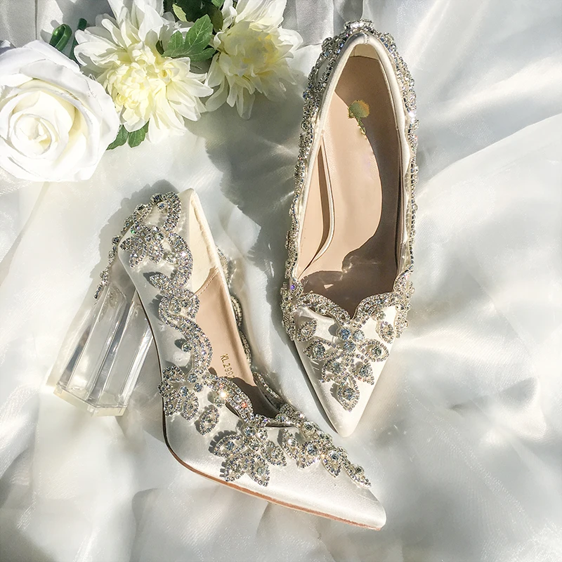 Wedding Shoes Bride Clear Heels Crystal Pumps Christmas Day Evening Party Luxury Queen Satin Silk 10cm Square Heel Plus Size 10