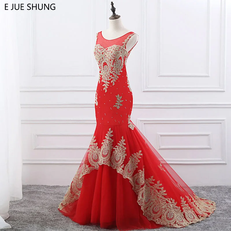 

E JUE SHUNG Gold Lace Appliques Red Wedding Dresses Scoop Crystals Mermaid Wedding Gowns vestidos de novia robe de mariage