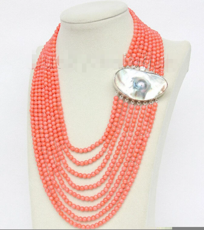 

AAA 16"-23" 8row round pink coral beads necklace 925s mabe pearl clasp j9607^^^@^Noble style Natural Fine jewe SHIPPING