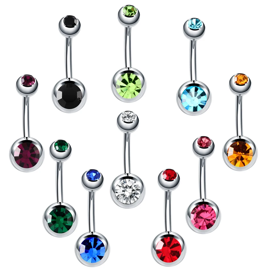 Lot 1Piece 316l Surgical Steel Double CZ Gem Belly Button Rings Colorful Gem Navel Bar Piercing Fashion Charming Jewelry 14g