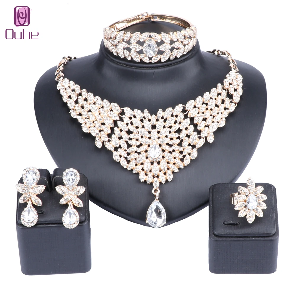 

Moroccan style Statement Necklace Earrings Bangle Ring Set with Crystal Rhinestones Luxury Bride Wedding Jewelry sets