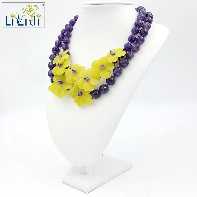 LiiJi Unique Natural Stone Amethysts, Korea jades Flowers with jades Toggle Clasp Necklace Fashion Women Jewelry