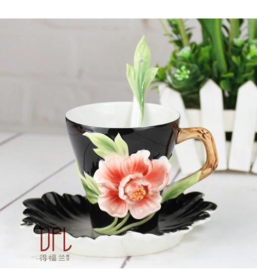 Enamel Painted Coffee Cups Bone China Peony Hand-carved Cup with saucers scoop creativity marriage birthday gift valentine\'s day