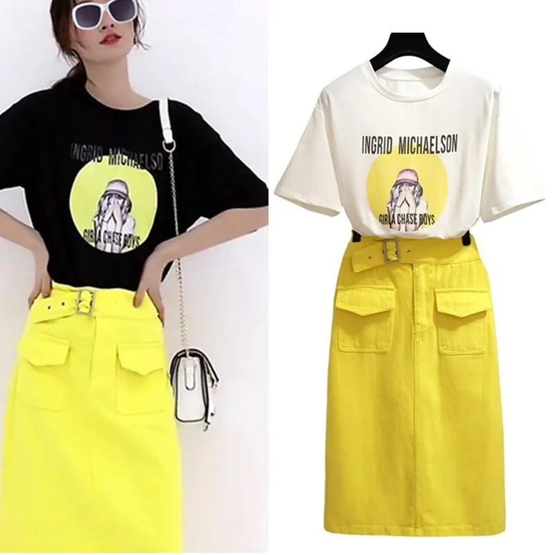 With Belt! Summer Women Short Sleeve Loose Tees Letters Print Tops And Lemon Slim Fresh Skirt Suits Twinset Casual Set NS993