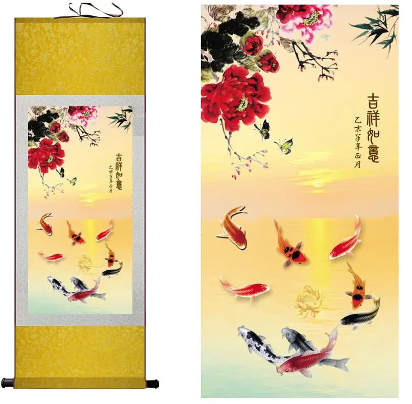 

Шелковая картина с рыбами в воде, традиционная китайская живопись для дома и офиса, китайская живопись с рыбами