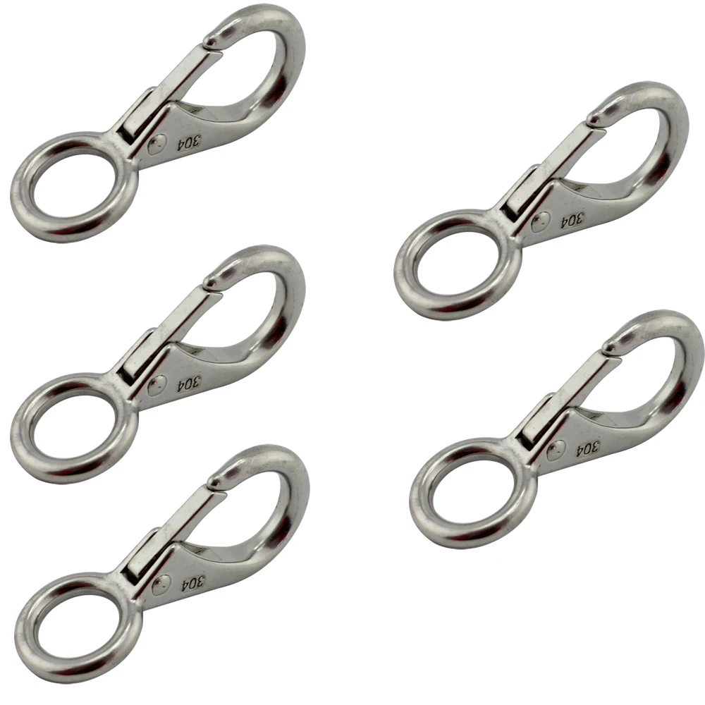 Stainless Marine Mini Fixed Eye Snap Hook Bag Spring Snap Carabiner Quick Release Dog Chain Bolted Hook 5pcs 83mm(2#)