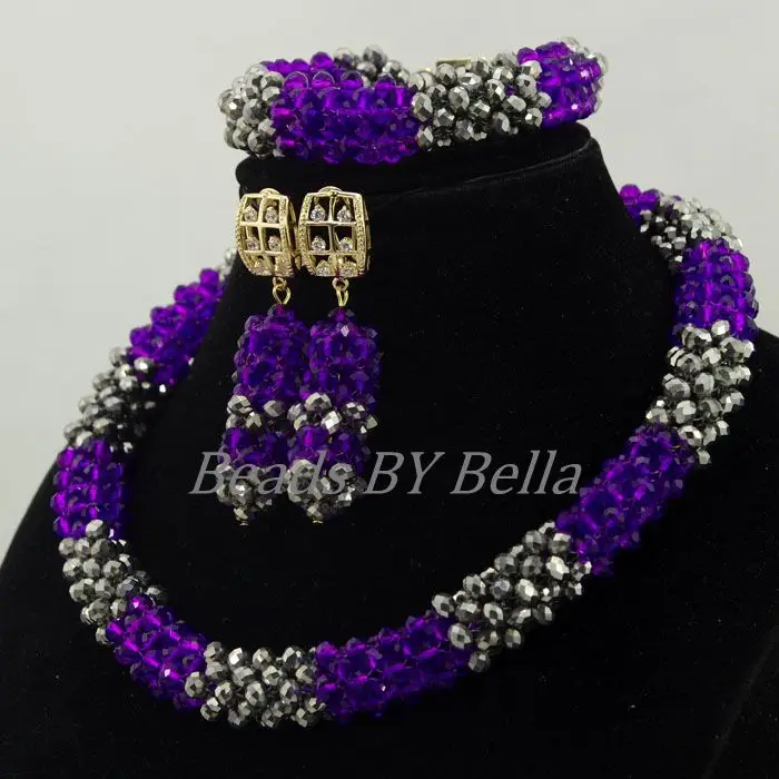 Hot Sale Purple/Silver Crystal Beads African Wedding Nigerian Women Party Choker Necklace Lace Jewelry Sets Free Shipping ABK957