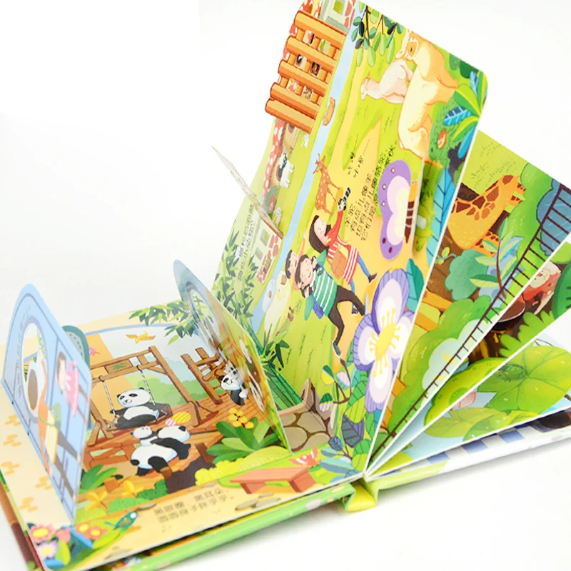 New 4pcs Children's story Early education enlightenment 3D stereo flip book Zoo/ kindergarten/amusement park