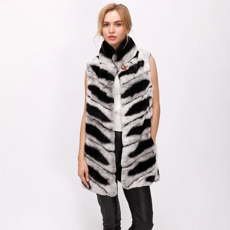 

Women's Real Rex Rabbit Fur Vest Chinchilla Colour Real Fur Gilet Long Fur Vest Winter Warm Clothing