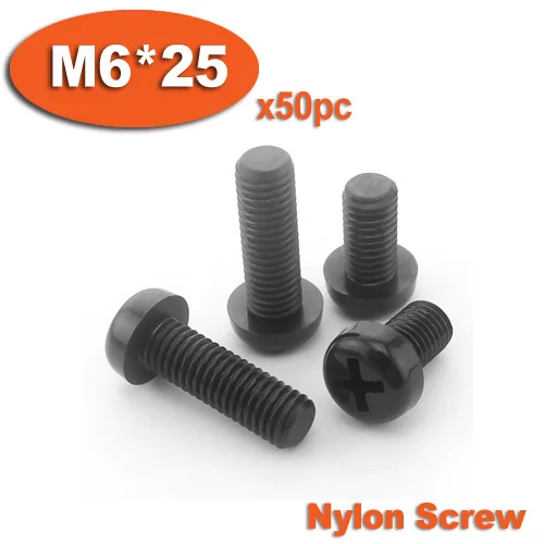 

50pcs DIN7985 M6 x 25 Black Plastic Nylon Pan Head Phillips Screw Cross Recessed Raised Cheese Head Screws