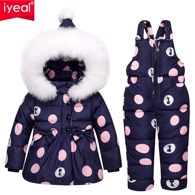 IYEAL Winter Children\'s Clothing Girls  Warm Hooded Duck Down Jacket Coats + Overalls Waterproof Snowsuit Kids Baby Clothes