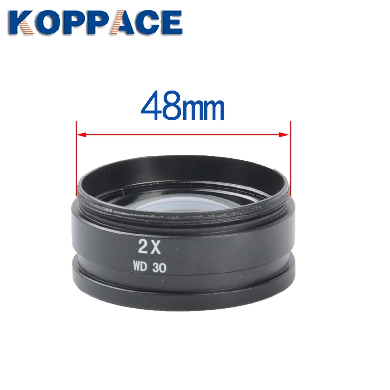KOPPACE 2X Stereo Microscope Auxiliary Lens 30mm Working Distance Microscope Barlow Lens 48mm Installation Size