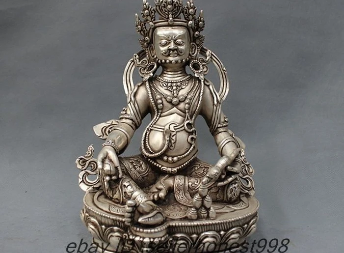 12 Tibetan Buddhism Yellow Jambhala Buddha White Copper Silver Mammon Statue