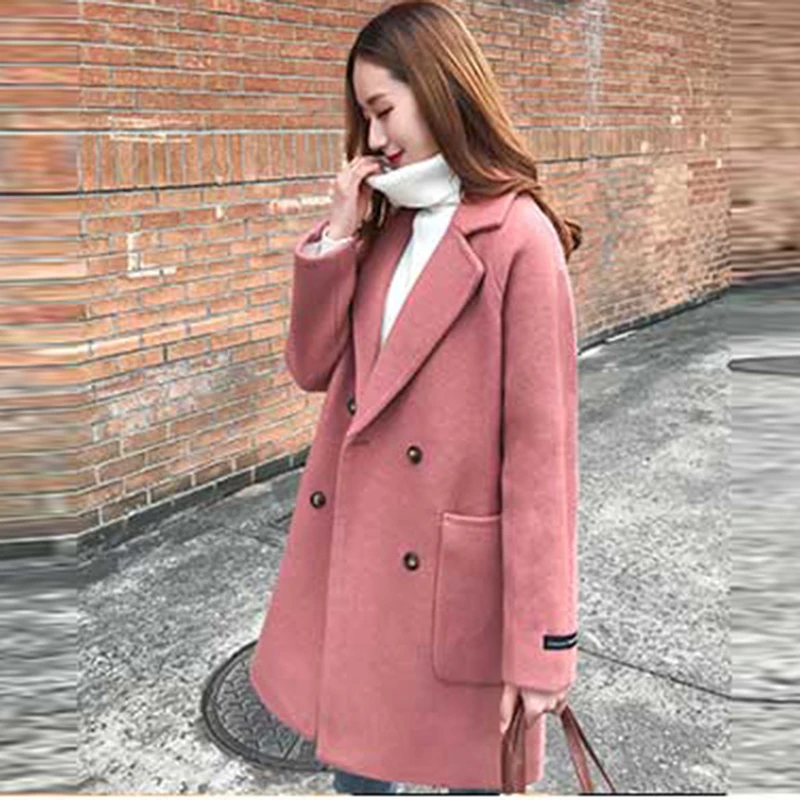 

2018 Autumn Woolen Coats Solid Color Thicken Loose Cashmere Jackets Outwear Women Casual Black Woolen Blends Jackets FP1365